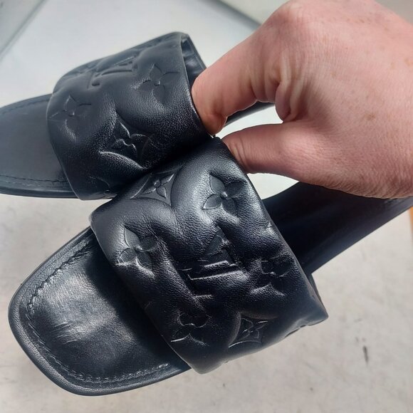 LOUIS VUITTON LV Monogram Black Embossed Revival Heel Sandal - Picture 6 of 12